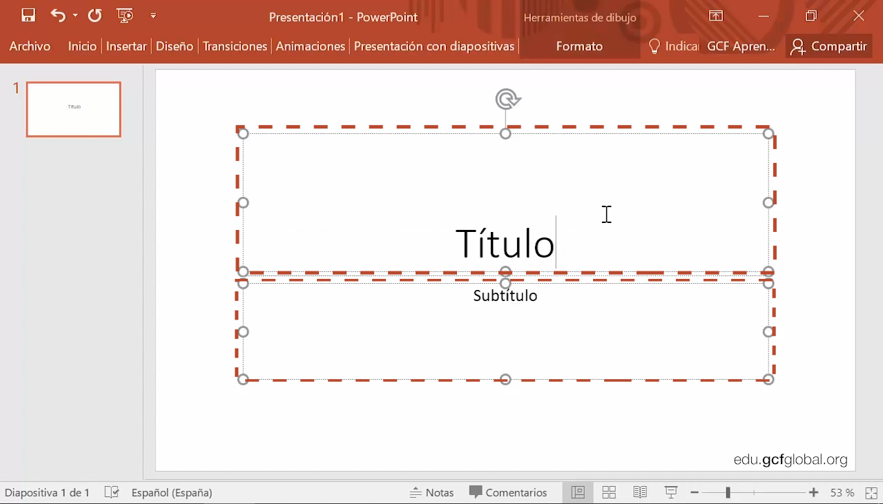 Imagen ejemplo de diapositiva con título y subtítulo.